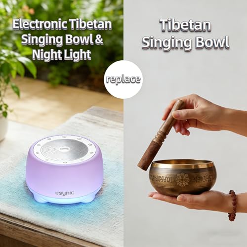 eSynic Rechargeable Tibetan Singing Bowl for Meditation-38 Sounds White Noise Machine with Night Light & 30H Battery-15-90 Timer-Wireless-Sound Healing Device for Yoga Sleep Therapy Stress Relief