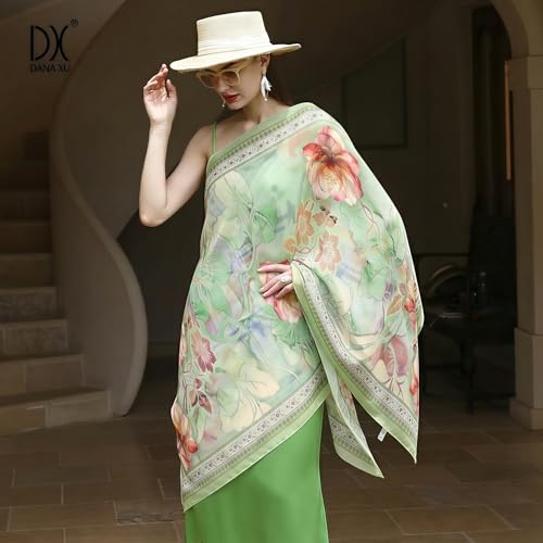 100% Mulberry Extra Large Silk Pashmina Scarf Shawls And Wraps For Women Evening Dress Summer Travel Floral Blanket - color: Light Green Floral