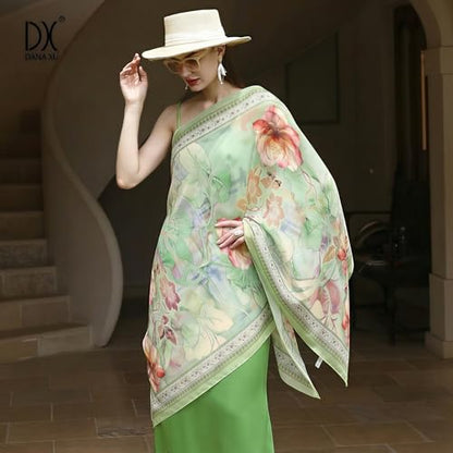 100% Mulberry Extra Large Silk Pashmina Scarf Shawls And Wraps For Women Evening Dress Summer Travel Floral Blanket - color: Light Green Floral