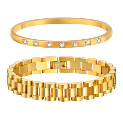 MPRAINBOW 2pcs 18K Gold Plated Chain Link Bracelet, Stainless Steel Crystal Friendship Bracelets Bangle,Watch Band Chains Wristband Jewelry with Adjust Tool - color: Gold Set - H