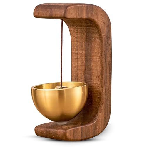 Master Flame Solid Wood Meditation Bell with Brass Bowl, Traditional C-Shaped Stand, Magnetic Striker, Healing Tones for Home, Office, Mindfulness, 15cm Height (Variation 1)