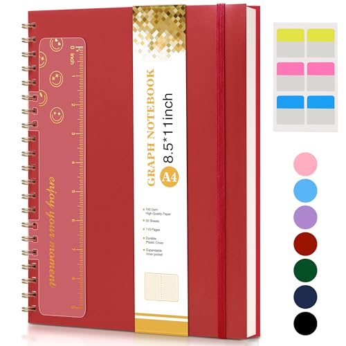 Graph Paper Notebook, Spiral Notebook Journal 8.5” x 11”, A4 Large Grid Notebooks for Women Men, 100 GSM Graph Paper, Plastic Hardcover Spiral Graphing Journals for Work School Engineerin, Red - color: Red, size: Graph