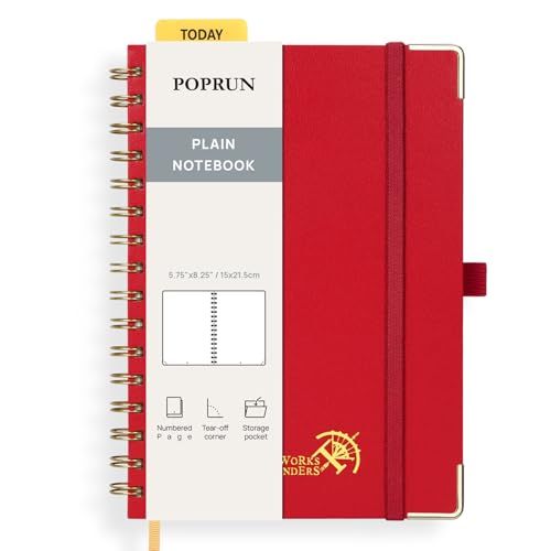POPRUN Blank Spiral Journal Notebook, A5 Hardcover Sketch Books, 141 Pages Unlined Journals for Women Men, 120 GSM Plain Notebooks for Sketching, Drawing, Painting, 5.75'' x 8.25'', Red - color: Red, style: Plain