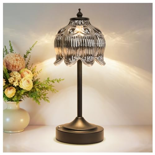 Cordless Lotus Flower Table Lamp, 5200mAh Rechargeable Battery Operated Portable Lamp, 3-Color Dimmable Touch Control Small Desk Lamp for Bedroom, Office, Kitchen, Nightstand,Room Decor(Black) - color: Black