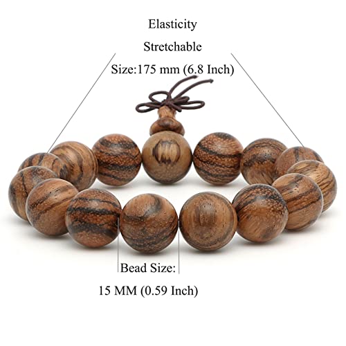 15mm Wooden Bead Bracelet, Buddhist Prayer Bead Bracelet, Handmade Wooden Bead Bracelet, Tiger Skin Sandalwood Bead Bracelet, 15 Bead Hand Served Bead Bracelet for Women Men