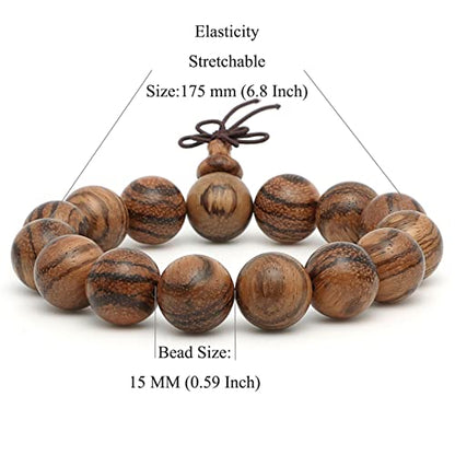 15mm Wooden Bead Bracelet, Buddhist Prayer Bead Bracelet, Handmade Wooden Bead Bracelet, Tiger Skin Sandalwood Bead Bracelet, 15 Bead Hand Served Bead Bracelet for Women Men