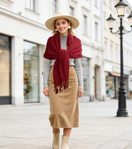 Winter Soft Long Scarf, Pashmina Shawls and Wraps, Warm Large Scarves for Men Women Evening Dress Wedding - color: Burgundy