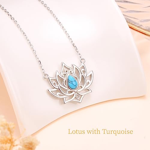 Lotus Neckalces for Women 925 Sterling Silver Moonstone/Turquoise Lotus Pendant for Girls Anxiety Stress Relieving Birthday Yoga Gifts - style: Turquoise Lotus