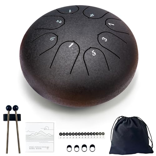TUOKING Steel Tongue Drum 6 Inch 8 Notes D Major Rain Drum with Carry Bag,Hand pan Drum Mallet and Music Book - Perfect Zen Meditation Instrument, Gift for Beginners & Adults(Black) - color: Black, size: 6 Inch 8 Notes