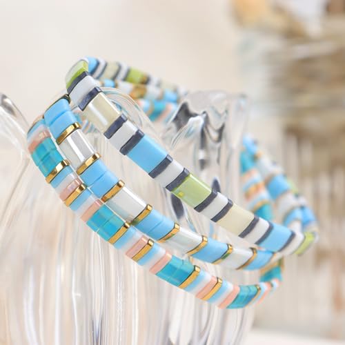 Tila Flat Beaded Stretch Bracelets for Women, Trendy Unique Handmade Stackable Green Blue Square Beads Miyuk Link Bracelet Summer Jewelry Gift - color: Turquoise Gold
