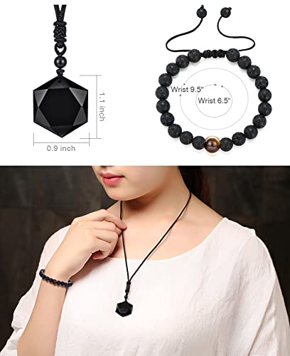 Necklace Pendant & Lava Rock Bracelet, for Women/Men (Set) - color: Black-hexagon