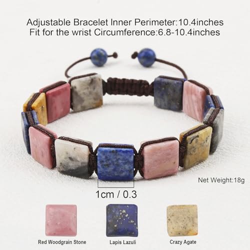 Square Natural Stone Unisex Adjustable Bracelet - Handmade with Natural Stons - Square Healing Crystal Bead Bracelet - color: Colorful