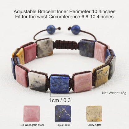 Square Natural Stone Unisex Adjustable Bracelet - Handmade with Natural Stons - Square Healing Crystal Bead Bracelet - color: Colorful