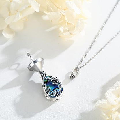 JUSTKIDSTOY Moonstone Urn Necklace for Ashes Sterling Silver Daisy/Rose/Tree Teardrop Pendant Necklace Cremation Jewelry Keepsake Memorial Gifts for Mother Grandma w/Funnel Filler - style: Daisy(Abalone Shell)