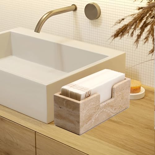 Bathroom Napkin Holder,Natural Travertine Guest Towel Holder,Stone Napkin Holder for Bathroom,Standing Guest Towel Holder Tray for Bathroom Vanity Toilet Kitchen Dining Table, Beige - size: 9.7 x 3.7 Inch