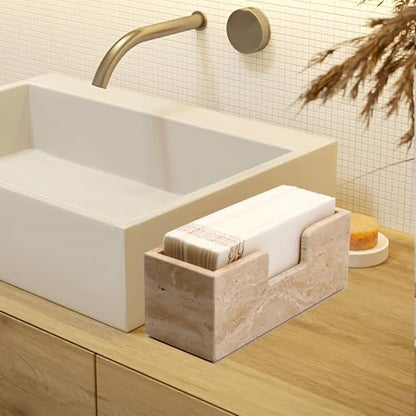 Bathroom Napkin Holder,Natural Travertine Guest Towel Holder,Stone Napkin Holder for Bathroom,Standing Guest Towel Holder Tray for Bathroom Vanity Toilet Kitchen Dining Table, Beige - size: 9.7 x 3.7 Inch
