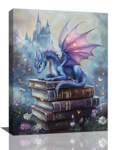 Olivine Dragon Wall Art, Dragon Book Pictures Wall Decor, Book Painting, Blue Canvas Prints,Framed Artwork for Bathroom Bedroom Living Room Library Office Home Decoration 16"x12" - color: Datgon, size: 16"L x 12"W