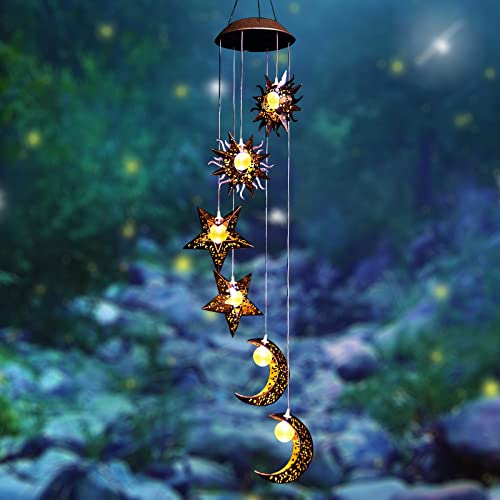 Tryme Solar Wind Chimes for Outside with Sun Moon Star Solar Hanging Lights Windchimes Outdoors Garden Decor Gifts for Mother, Grandma, Sister