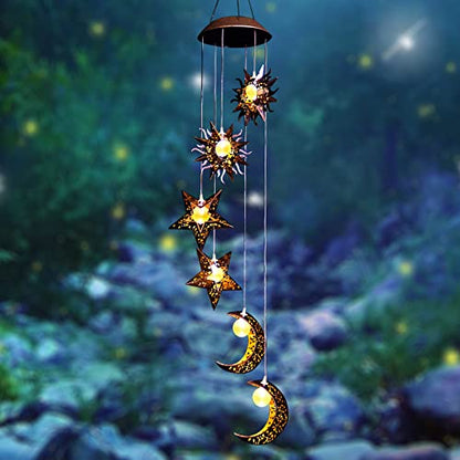 Tryme Solar Wind Chimes for Outside with Sun Moon Star Solar Hanging Lights Windchimes Outdoors Garden Decor Gifts for Mother, Grandma, Sister