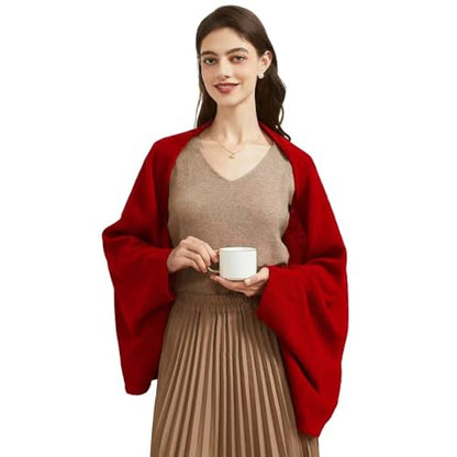 Huralona Women's Open Front Wool Shawl Wrap Scarf with Sleeves Outer Warm Knitted Poncho Cape Fall Winter - color: Dark Red