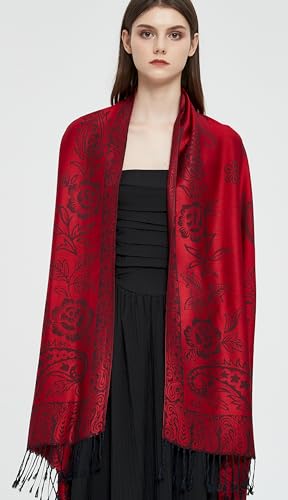 Pashmina Shawl Wrap with Ethnic Paisley Two Tone Jacquard Scarf for Women - color: Paisley-black Red