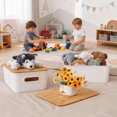 Citylife Storage Bins with Bamboo Lids 16QT Plastic Storage Containers Stackable Organizer Boxes with Handle for Desk Snacks, Toys, 2 PCS, 15" L x 10.6" W x5.8 H - size: Large, style: 2 Pack
