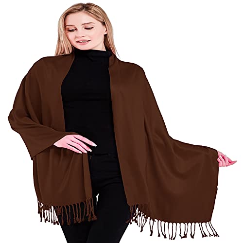 CJ Apparel Solid Color Tassels Design Nepalese Shawl Scarf Wrap Stole Throw Head Wrap Pashmina Gift Hand Made in Nepal New - color: Dark Brown