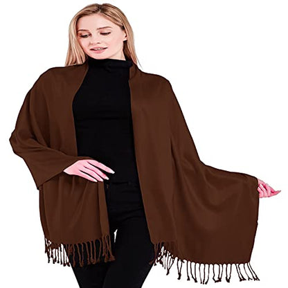 CJ Apparel Solid Color Tassels Design Nepalese Shawl Scarf Wrap Stole Throw Head Wrap Pashmina Gift Hand Made in Nepal New - color: Dark Brown
