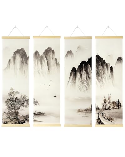 TaraZen Landscape Wall Painting Set of 4 - Chinese Ink Mountain River Scroll, Vertical Asian Wall Art Decor with Wood Frame for Living Room, Bedroom & Office - style: Asian