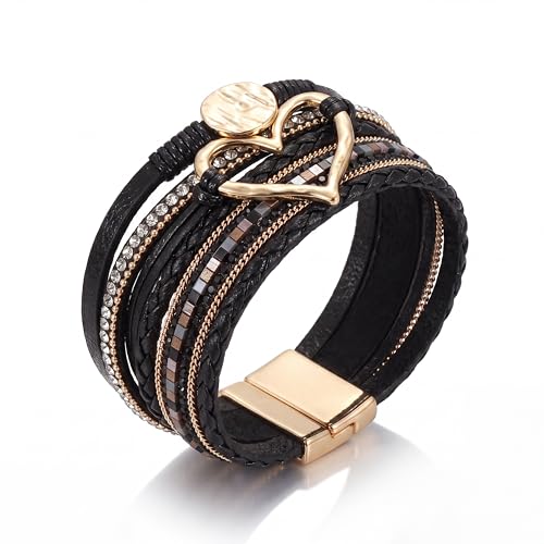 Edoneery Leather Wrap Bracelet for Women, Boho Handmade Multi-Layer Cuff with Crystal Beads Heart, Stackable Bangle Western Jewelry Gift - style: Circle Heart(Black)