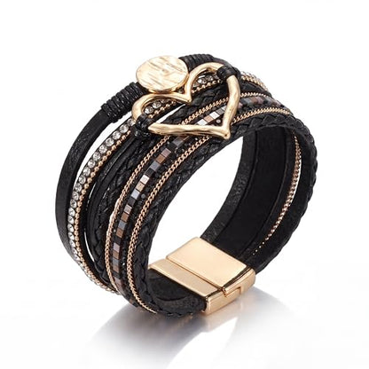 Edoneery Leather Wrap Bracelet for Women, Boho Handmade Multi-Layer Cuff with Crystal Beads Heart, Stackable Bangle Western Jewelry Gift - style: Circle Heart(Black)