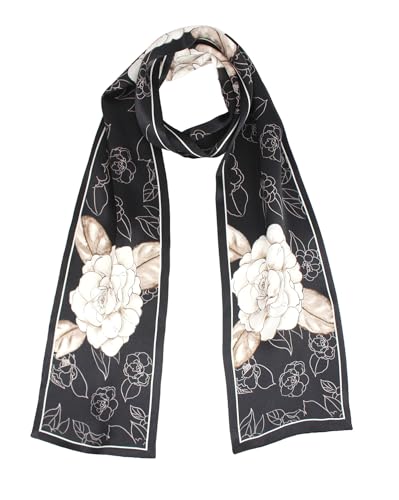100% Silk Scarf for Women 59”*6.3” Long Shawls for Headscarf and Neck- Oblong Hair Wraps with Gift Packed - color: Black&white Camellia Flowers