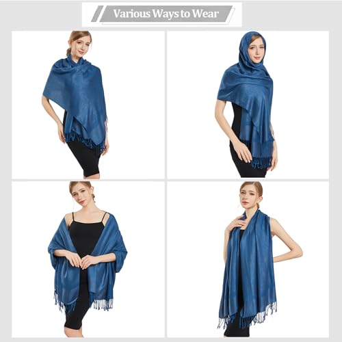 Silky Paisley Pashmina Shawl Scarf-Women's Soft Double-side Jacquard Pashminas Wrap for Evening Dress Travel Shawl - color: A-blue