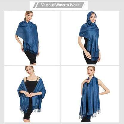 Silky Paisley Pashmina Shawl Scarf-Women's Soft Double-side Jacquard Pashminas Wrap for Evening Dress Travel Shawl - color: A-blue