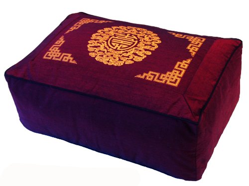 Rectangular Zafu Seat Meditation Cushion Buckwheat and Kapok Fill - Silkscreen Sacred Symbols (Longevity Burgundy) - color: Longevity Burgundy
