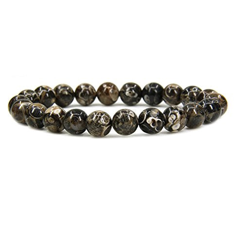 Amandastone Natural Gemstone 8mm Round Beads Stretch Bracelet 7 Inch - color: Cowry Fossil