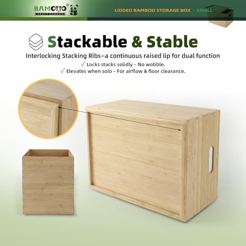 10.2”x7.3”x6.5” Lidded Storage Bins - Stackable Bamboo Box/Cube/Basket with Handles for Home Kitchen Office, Organize Tableware Clothing Toys Books