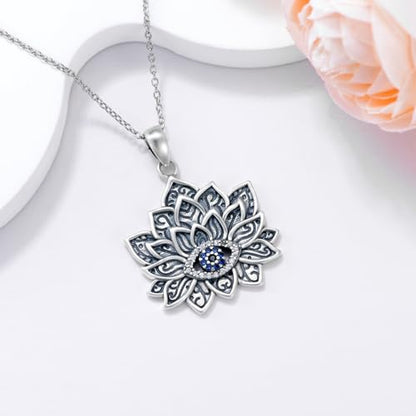 Evil Eye Necklace for Women 925 Sterling Silver, Protection Necklace with Blue Evil Eye Charm, Evil Eye/Lotus Pendant Jewelry, Birthday Christmas Gifts for Her - style: Lotus Evil Eye Necklace