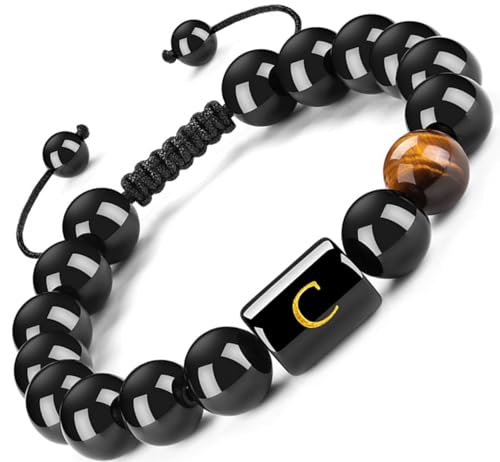 FRG Initials Bracelets for Men Letter Link Handmade Natural Black Onyx Tiger Eye Stone Beads Braided Rope Meaningful Bracelet - style: Braided rope-C