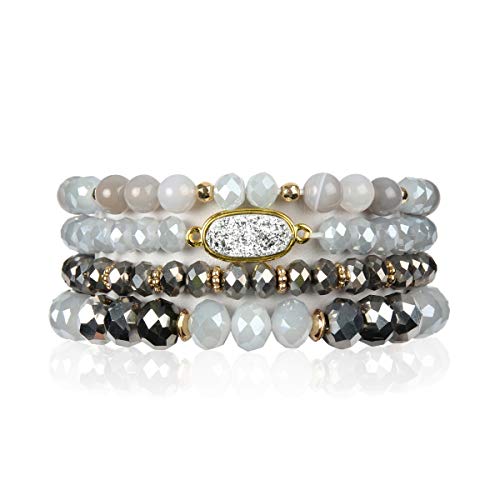 RIAH FASHION Bohemian Acrylic Druzy Multi-Layer Bead Statement Bracelet - Versatile Faux Stone Pendant Stretch Strand Stackable Cuff Bangle Set Sparkly Crystal - color: Oval Acrylic Druzy - Gray