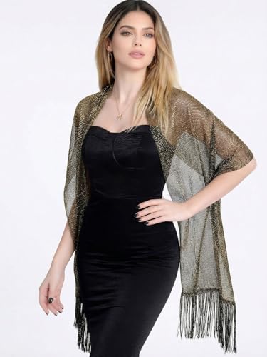 Sumolux Shawls Wraps for Evening Dresses Metallic Glitter Shawls Scarf for Women Sparkling Wedding with Free Buckle - color: Black With Gold Threads