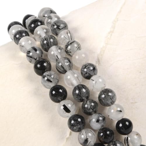 Justinstones Gem Semi Precious Gemstone 3pcs 4mm Round Beads Stretch Bracelet 6.5 Inch Unisex - color: Black Rutilated Quartz