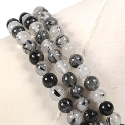 Justinstones Gem Semi Precious Gemstone 3pcs 4mm Round Beads Stretch Bracelet 6.5 Inch Unisex - color: Black Rutilated Quartz