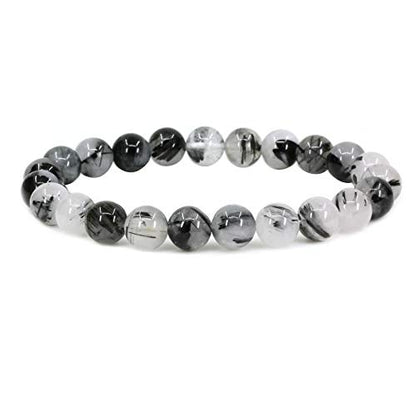 Keleny Gem Semi Precious Gemstones 8mm Round Beads Crystal Stretch Bracelets 7 Inch Unisex - color: Black Rutilated Quartzite