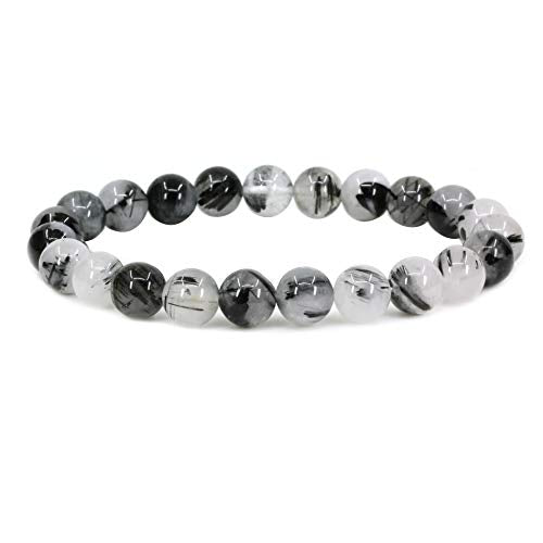 Keleny Gem Semi Precious Gemstones 8mm Round Beads Crystal Stretch Bracelets 7 Inch Unisex - color: Black Rutilated Quartzite