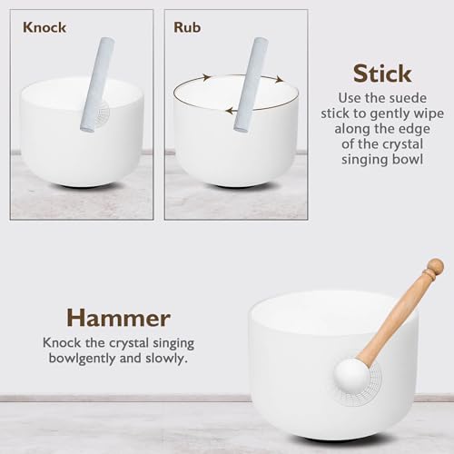 7inch White C Note Root Chakra Quartz Crystal Singing Bowl with Rubber Mallet for Meditation Healing Yoga Sound Bath - color: White C note