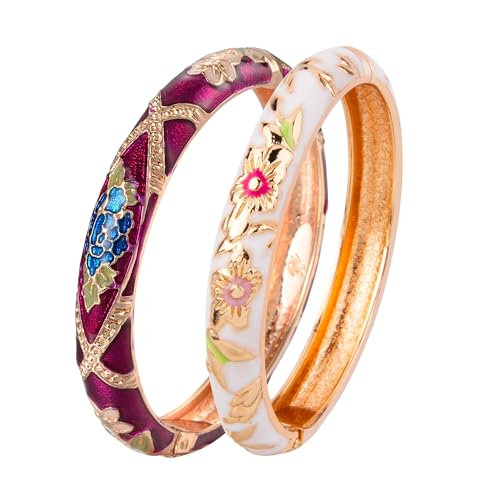 UJOY Classic Cloisonne Bracelets Enamel Jewelry Plated Bamboo Flower Cuff Metal Bangle for Women Gift Box - color: A103-2 PCS Set-White and Purple