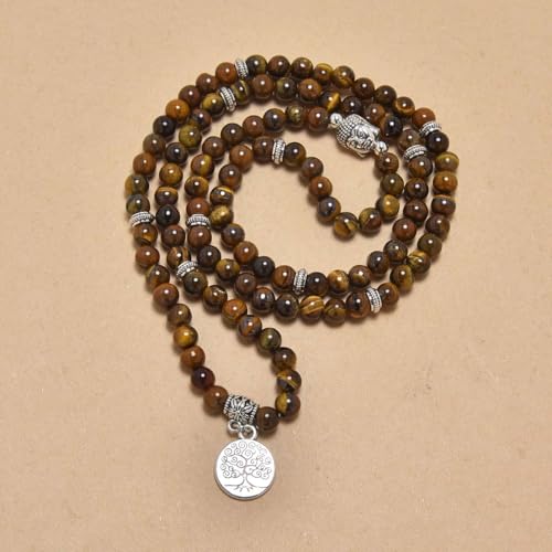 Tree of Life Charm Bracelet or Necklace - 108 Buddha Beads, Handmade Mala Meditation Jewelry, Prayer Beads for Yoga - style: Brown Tiger Eye