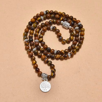 Tree of Life Charm Bracelet or Necklace - 108 Buddha Beads, Handmade Mala Meditation Jewelry, Prayer Beads for Yoga - style: Brown Tiger Eye