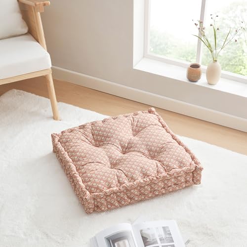 Peri Home Floor Pillow for Adults, Square, Oversized, 100% Cotton Large Floor Cushion Seating, Block Floral Printed and Tufted, 24x24, Pink - color: Pink